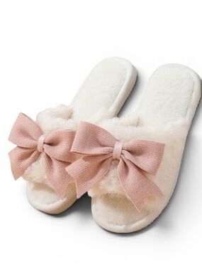 White Faux Fur Pink Bow Slippers | Plush Open Toe Slides | Women’s US 9.5-10